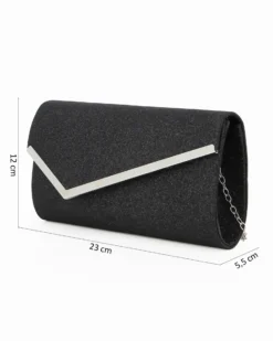 MISS GLOBO -Bustina shiny glitter nera con patta a punta obliqua e inserto in metallo