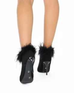 MISS GLOBO COUTURE - Tronchetto nero scamosciato a punta con piume e zip laterale, tacco 10CM