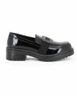 MISS GLOBO - Mocassino nero naplak con sottopiede memory soft e fascia elastica frontale con inserto metallico