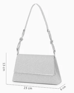 MISS GLOBO - Pochette argento in lurex  con patta e manico annoddato con strass, tracollina removibile