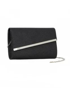 MISS GLOBO - Pochette in lurex nero con patta obliqua e dettaglio in metallo argento
