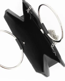MISS GLOBO - POCHETTE RASO NERO CON STRASS E MANICI TONDI IN METALLO