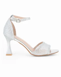 MISS GLOBO - Sandalo argento con strass e cinturino alla caviglia, tacco 8CM