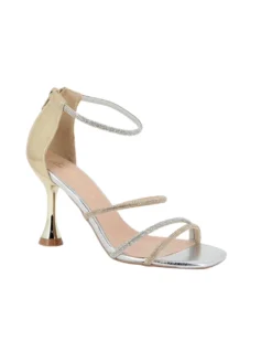 MISS GLOBO - Sandalo argento e oro in strass con punta quadrata e zip posteriore, tacco 8,5CM