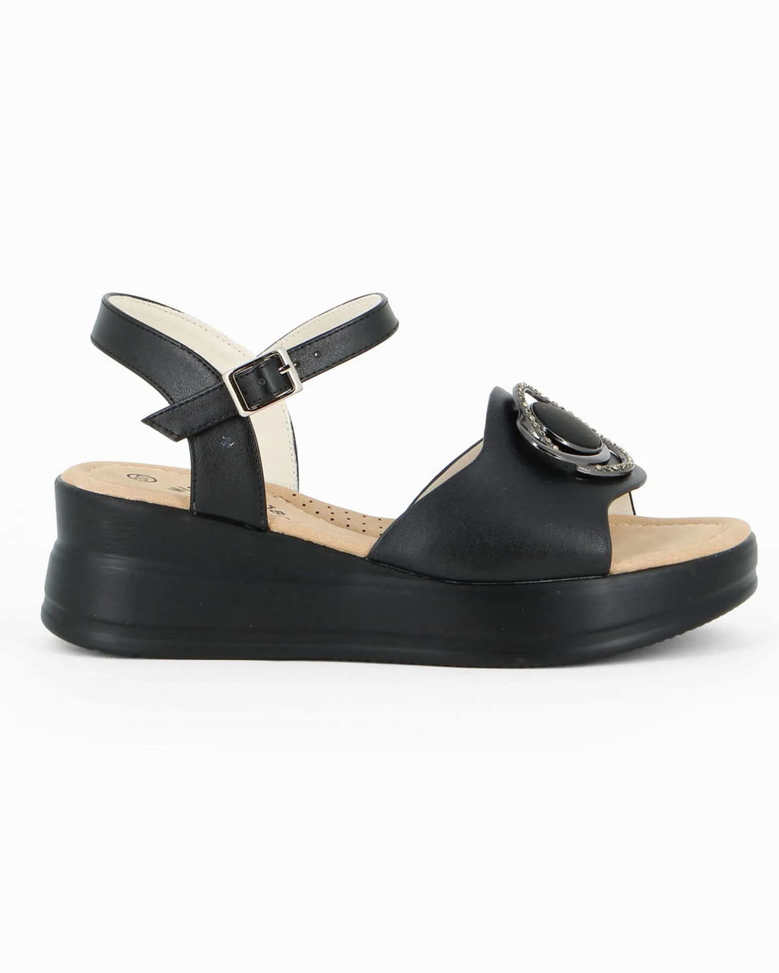 MISS GLOBO - Sandalo nero platform con sottopiede memory soft e dettaglio metallico in strass, zeppa 5CM