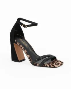 MISS GLOBO - Sandalo nero scamosciato con strass, punta quadrata leopardata e cinturino alla caviglia, tacco 8,5CM