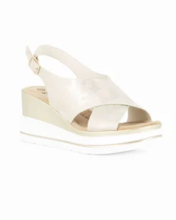 MISS GLOBO - Sandalo platform beige con incrocio frontale e sottopiede in memory soft, zeppa 7,5CM