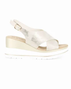 MISS GLOBO - Sandalo platform beige con incrocio frontale e sottopiede in memory soft, zeppa 7,5CM