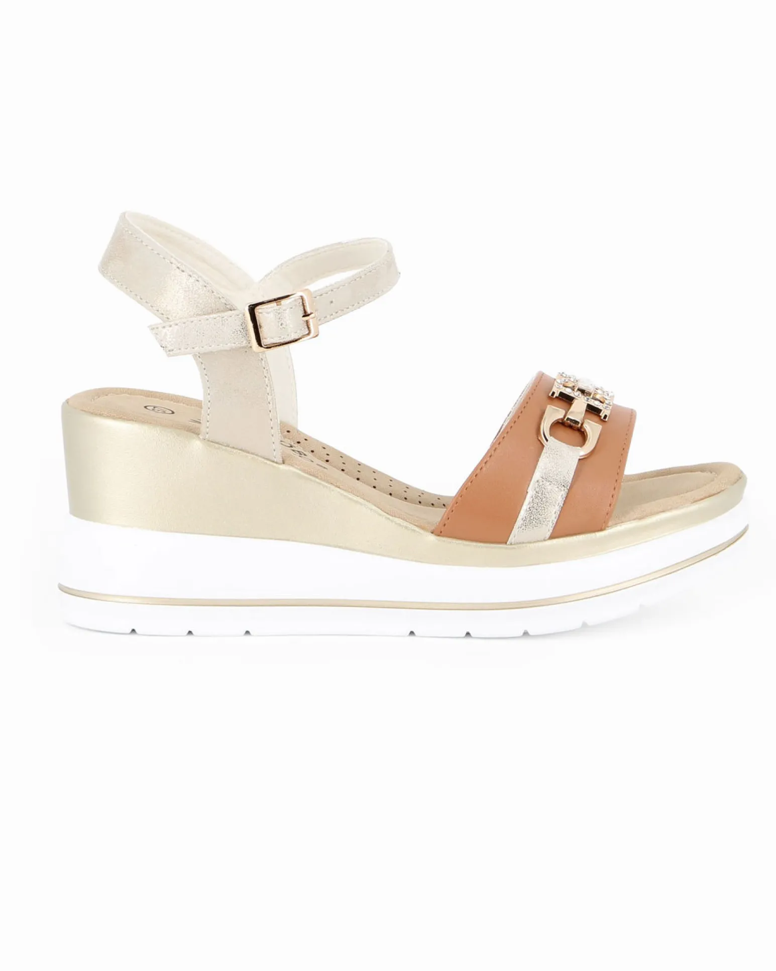 MISS GLOBO - Sandalo platform cuoio/beige con sottopiede in memory soft e morsetto con strass, zeppa 7CM