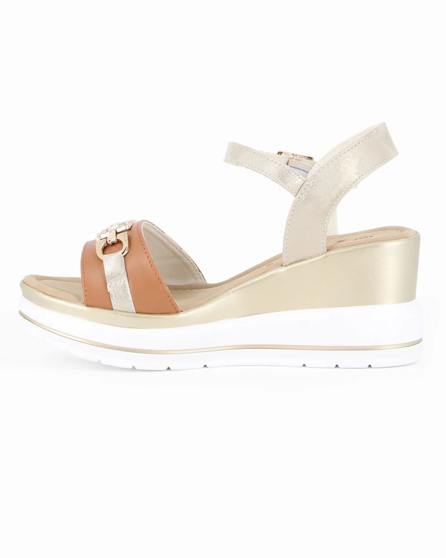 MISS GLOBO - Sandalo platform cuoio/beige con sottopiede in memory soft e morsetto con strass, zeppa 7CM