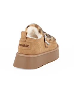 MISS GLOBO - Scarpa camel scamosciata con pelliccia leopardata e cinturino con fibbia
