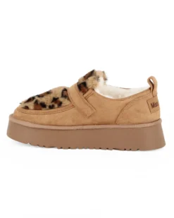 MISS GLOBO - Scarpa camel scamosciata con pelliccia leopardata e cinturino con fibbia