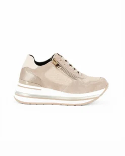 MISS GLOBO - Scarpa sneakers beige scamosciata in VERA PELLE con zeppa, lacci e zip laterale