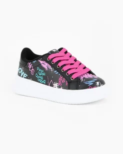 MISS GLOBO - Scarpa sneakers nera da bambina con lacci fucsia