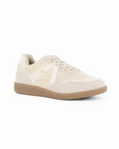 MISS GLOBO - Sneakers beige con lacci e inserti intrecciati effetto paglia
