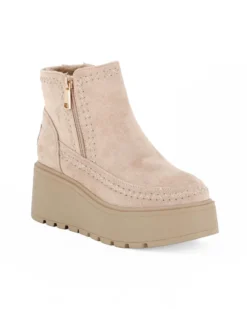 MISS GLOBO - Tronchetto beige scamosciato con pelliccia interna e zip laterale, tacco 6CM