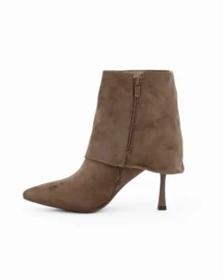 MISS GLOBO - Tronchetto khaki scamosciato a punta con risvolto e zip laterale, tacco 8CM