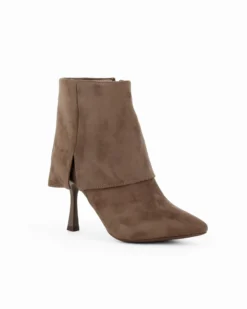 MISS GLOBO - Tronchetto khaki scamosciato a punta con risvolto e zip laterale, tacco 8CM