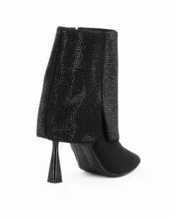 MISS GLOBO - Tronchetto nero in lycra a punta con risvolto rivestito di strass e zip laterale, tacco 10CM