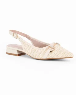 MY JEWELS - Ballerina slingback beige intrecciata a punta con morsetto in strass