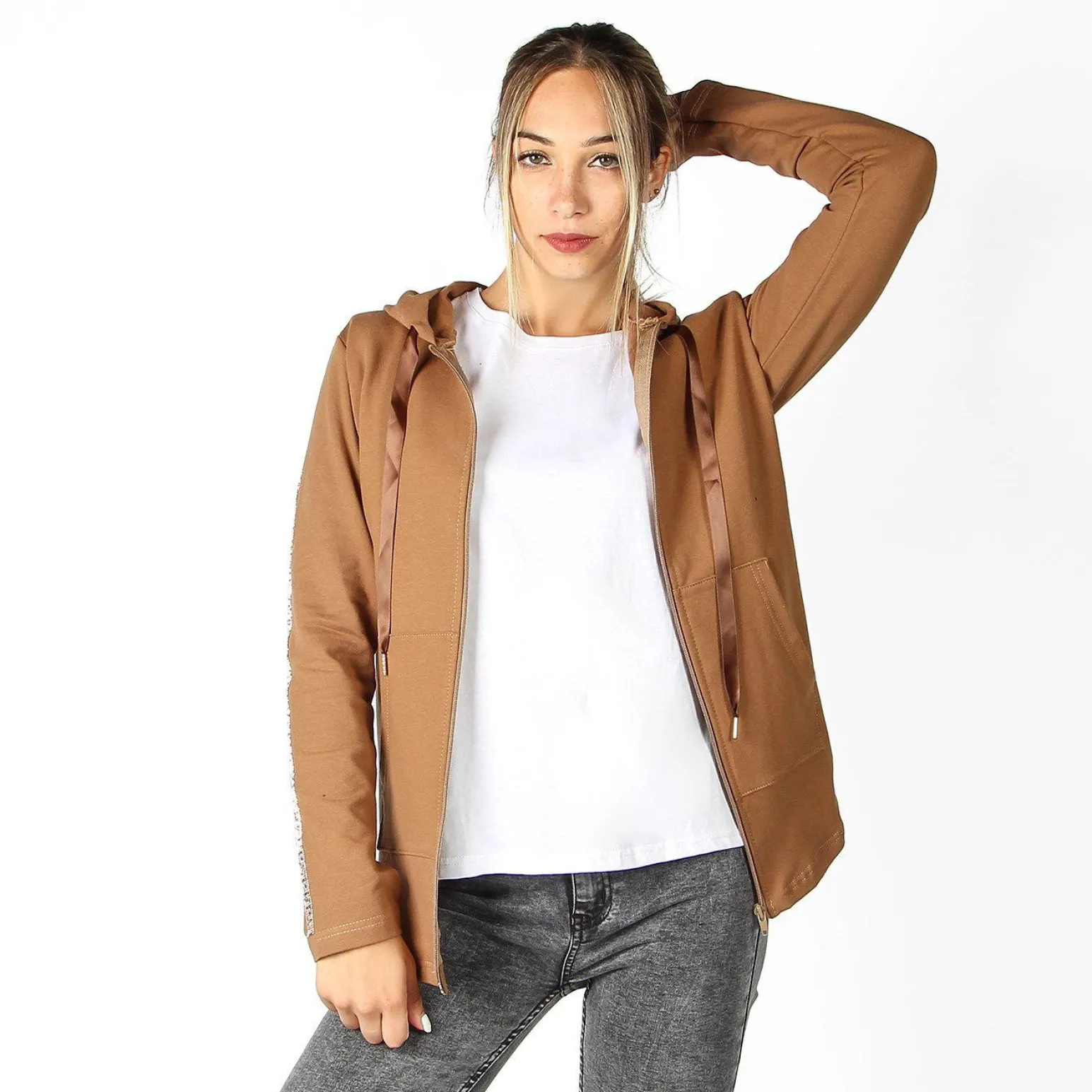 MY JEWELS - FELPA CAMEL CON ZIP E CAPPUCCIO
