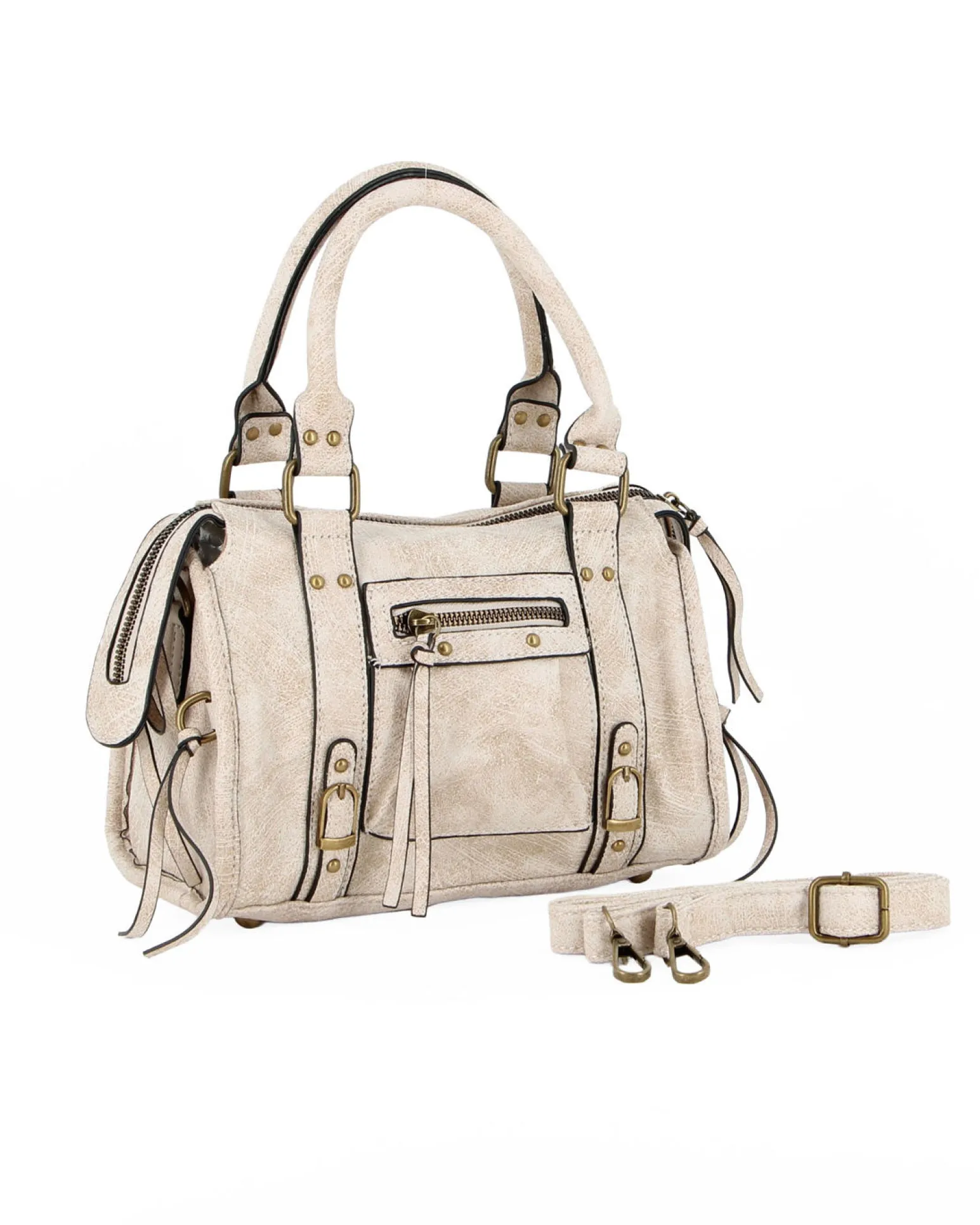 NARDINI - Bauletto due manici beige con taschino frontale, tracolla removibile