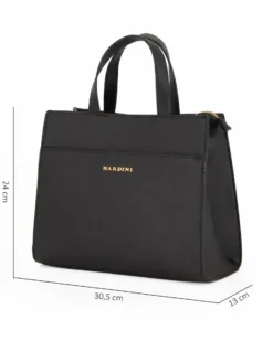 NARDINI - Borsa a due manici nera con tasca frontale e posteriore, tracolla removibile