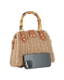 NARDINI - Borsa a mano khaki rigida in vimini intrecciato ,tracolla removibile