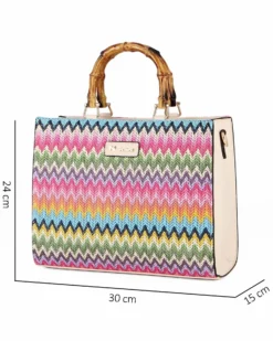 NARDINI - Borsa beige intreccio multicolor con manici effetto bamboo, tracolla removibile