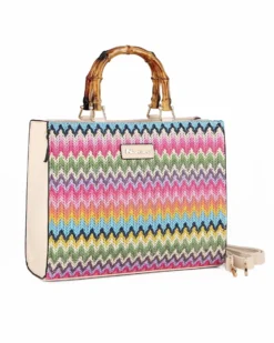 NARDINI - Borsa beige intreccio multicolor con manici effetto bamboo, tracolla removibile
