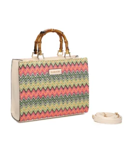 NARDINI - Borsa beige intreccio multicolor con manici effetto bamboo, tracolla removibile