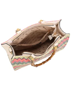 NARDINI - Borsa beige intreccio multicolor con manici effetto bamboo, tracolla removibile