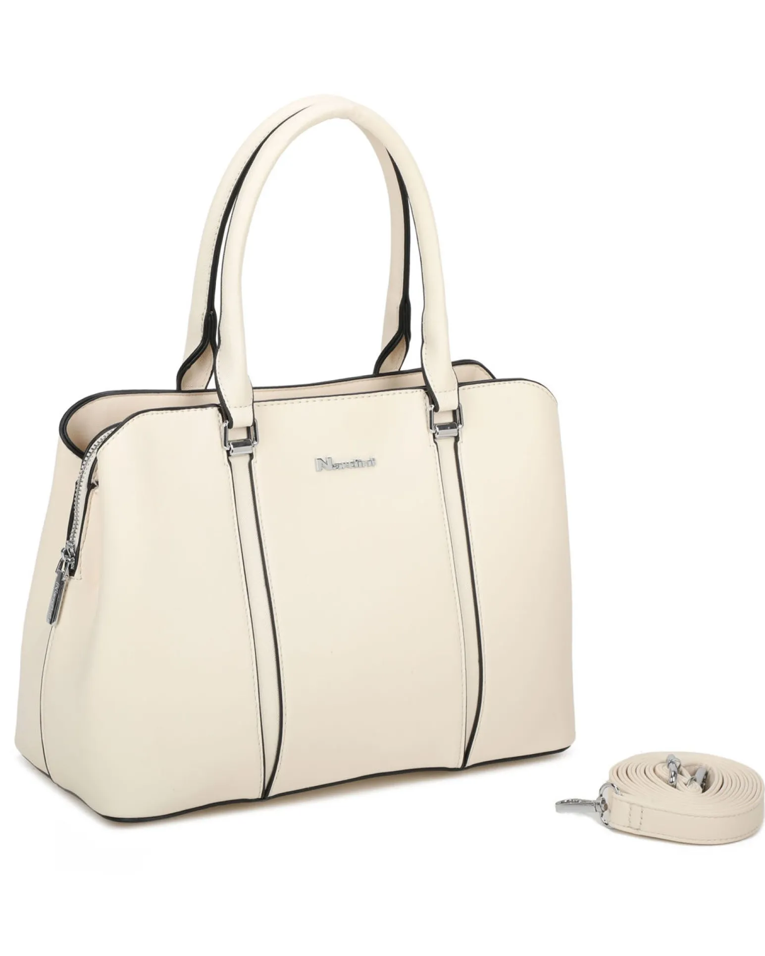 NARDINI - Borsa due manici beige con tre scomparti principali, tracolla removibile