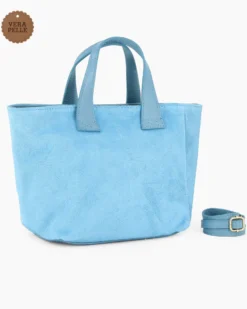 NARDINI - Borsa due manici celeste scamosciata in VERA PELLE con tasca posteriore, tracolla removibile - MADE IN ITALY