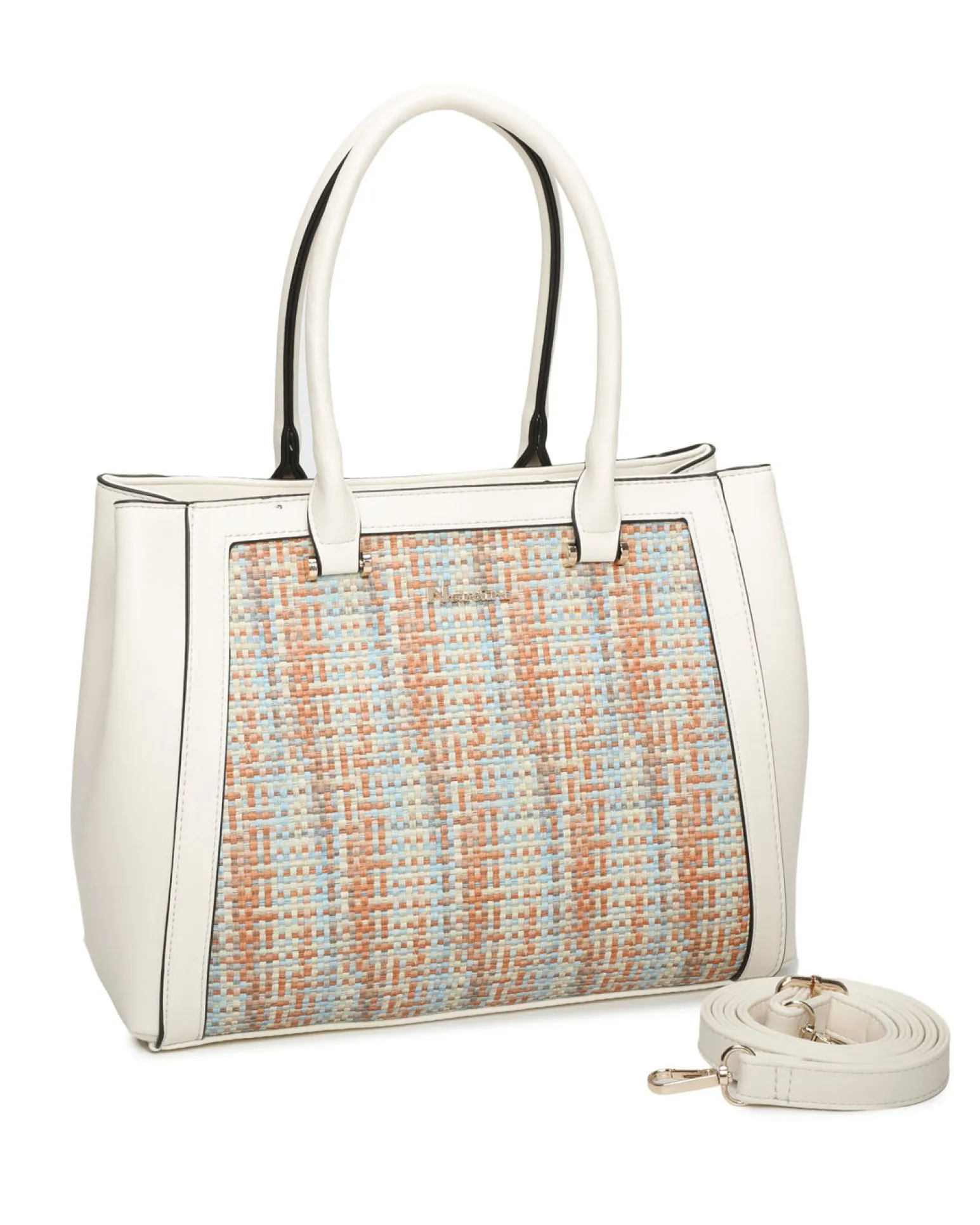 NARDINI - Borsa due manici multicolor effetto intreccio con tasca posteriore e tre scomparti interni, tracolla removibile