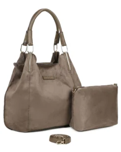 NARDINI - Borsa due manici scamosciata taupe con pochette interna estraibile, tracolla removibile