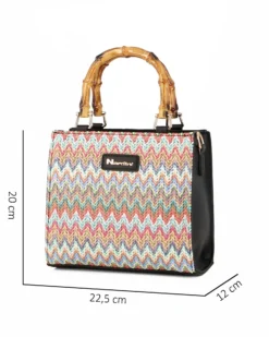 NARDINI - Borsa nera intreccio multicolor con manici effetto bamboo, tracolla removibile