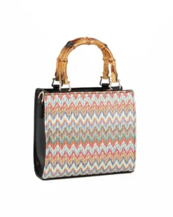 NARDINI - Borsa nera intreccio multicolor con manici effetto bamboo, tracolla removibile