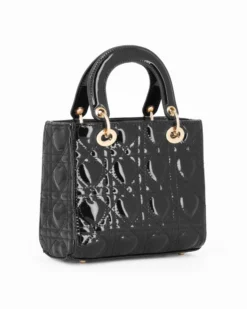 NARDINI - Borsa piccola nera due manici effetto vernice trapuntata con cuori e ciondoli, tracolla removibile