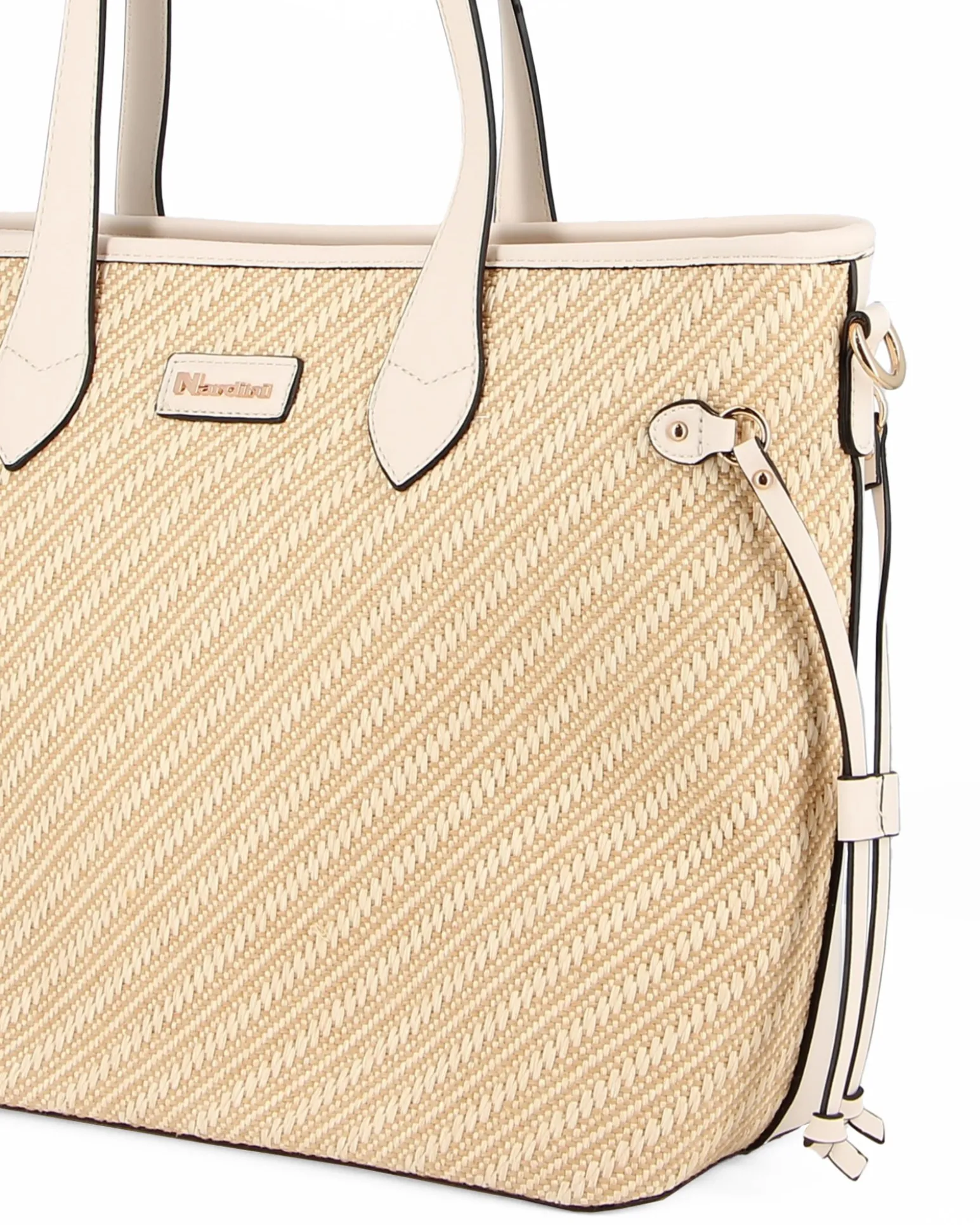 NARDINI - Borsa shopping beige con parte frontale intrecciata effetto paglia, laccetti laterali e tasca posteriore, tracolla removibile