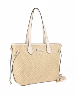 NARDINI - Borsa shopping beige con parte frontale intrecciata effetto paglia, laccetti laterali e tasca posteriore, tracolla removibile