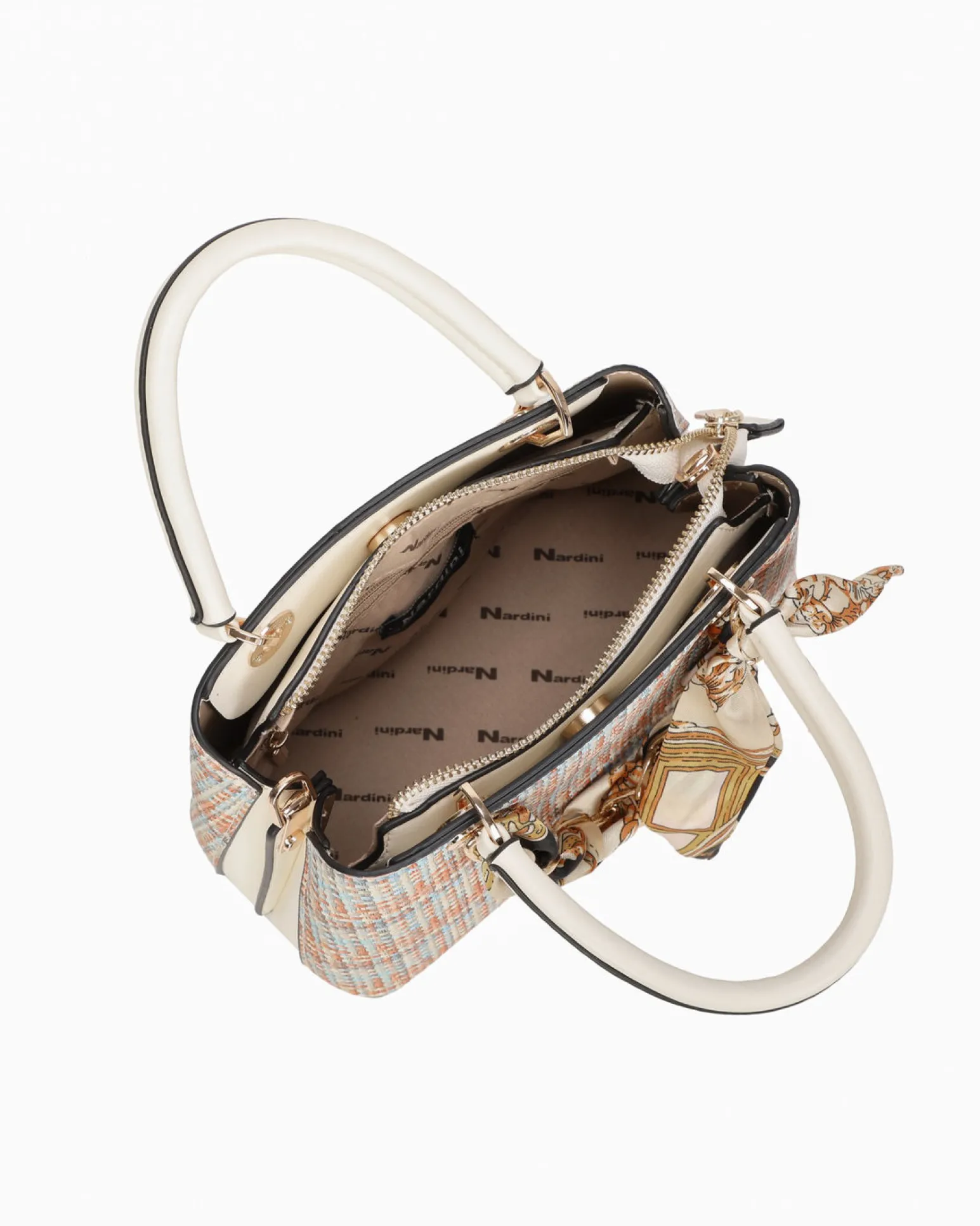 NARDINI - Minibag multicolor effetto intreccio con tre scomparti principali e catena con foulard, tracolla removibile