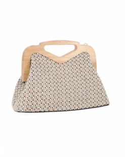 NARDINI - Pochette in tessuto intrecciato blu con manico in legno, tracollina removibile