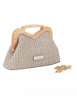 NARDINI - Pochette in tessuto intrecciato blu con manico in legno, tracollina removibile