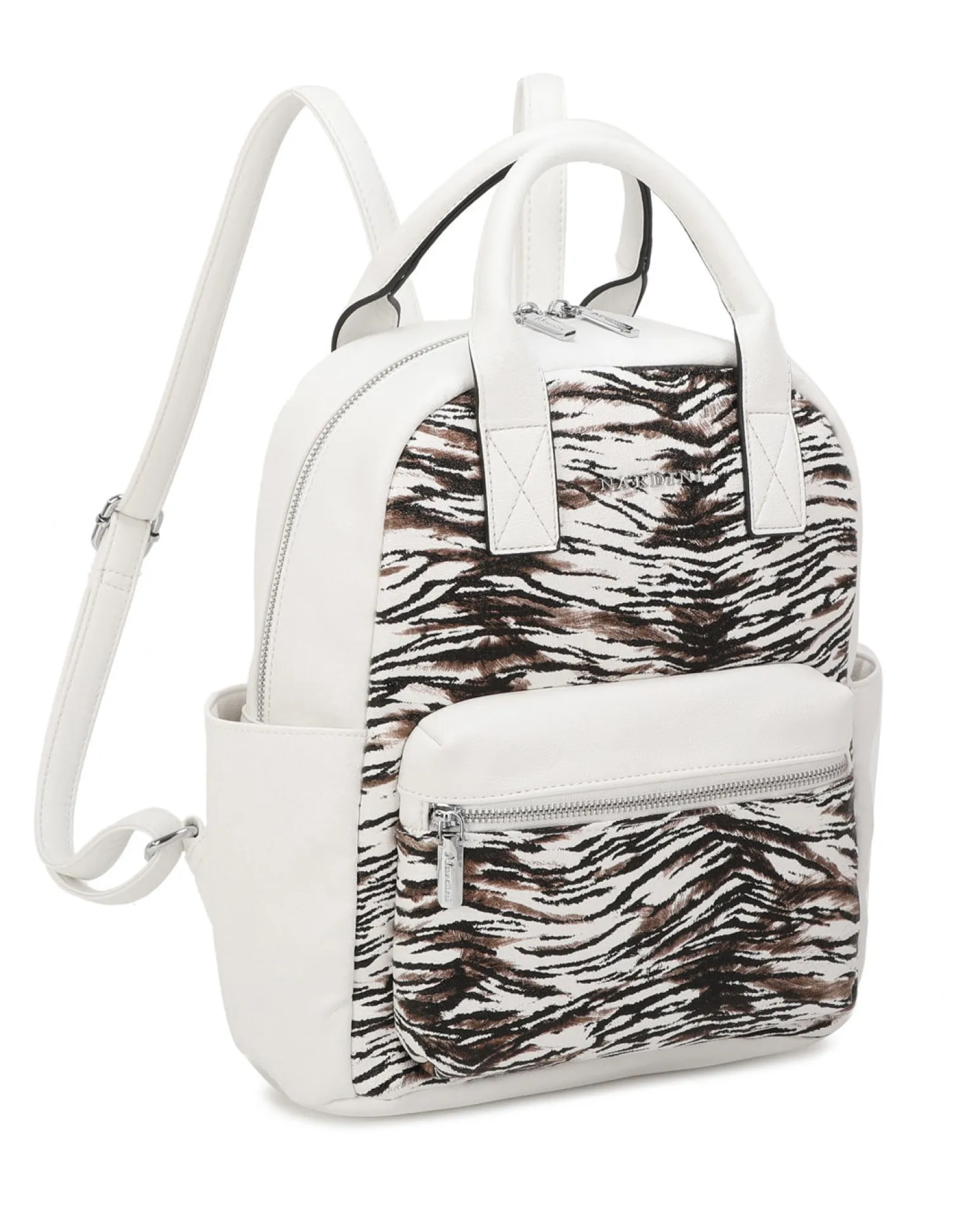 NARDINI - Zaino animalier bianco multitasche intreccio con due manici