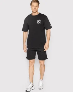 NEW ERA - T shirt girocollo da uomo nera in cotone con logo bianco