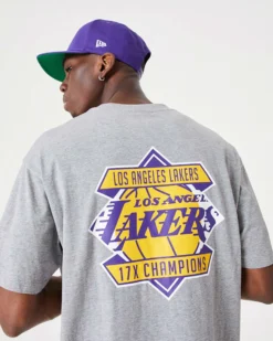 NEW ERA - T shirt oversize fit grigia in cotone con logo Lakers anteriore e posteriore