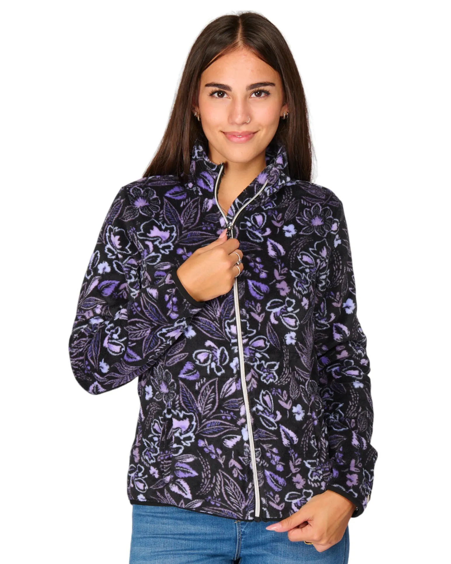 ON SPIRIT - PILE DONNA FULL ZIP LILLA E NERO FANTASIA FIORI OLIVIA
