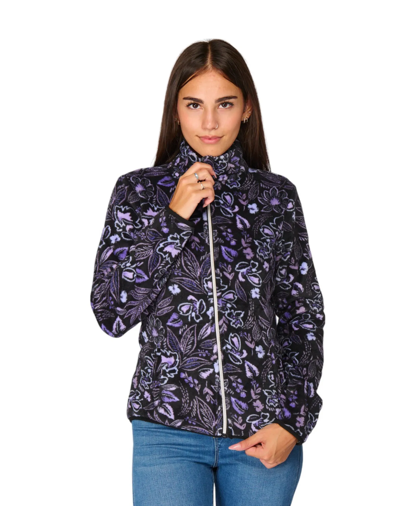 ON SPIRIT - PILE DONNA FULL ZIP LILLA E NERO FANTASIA FIORI OLIVIA