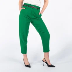 PAQUITA - PANTALONE VERDE CON VITA ARRICCIATA E CINTURA
